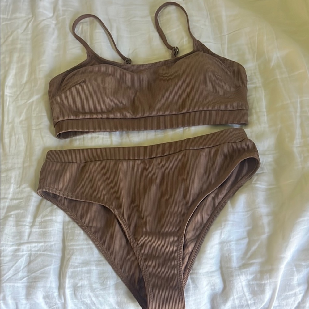 Brown Ribbed Bikini Set